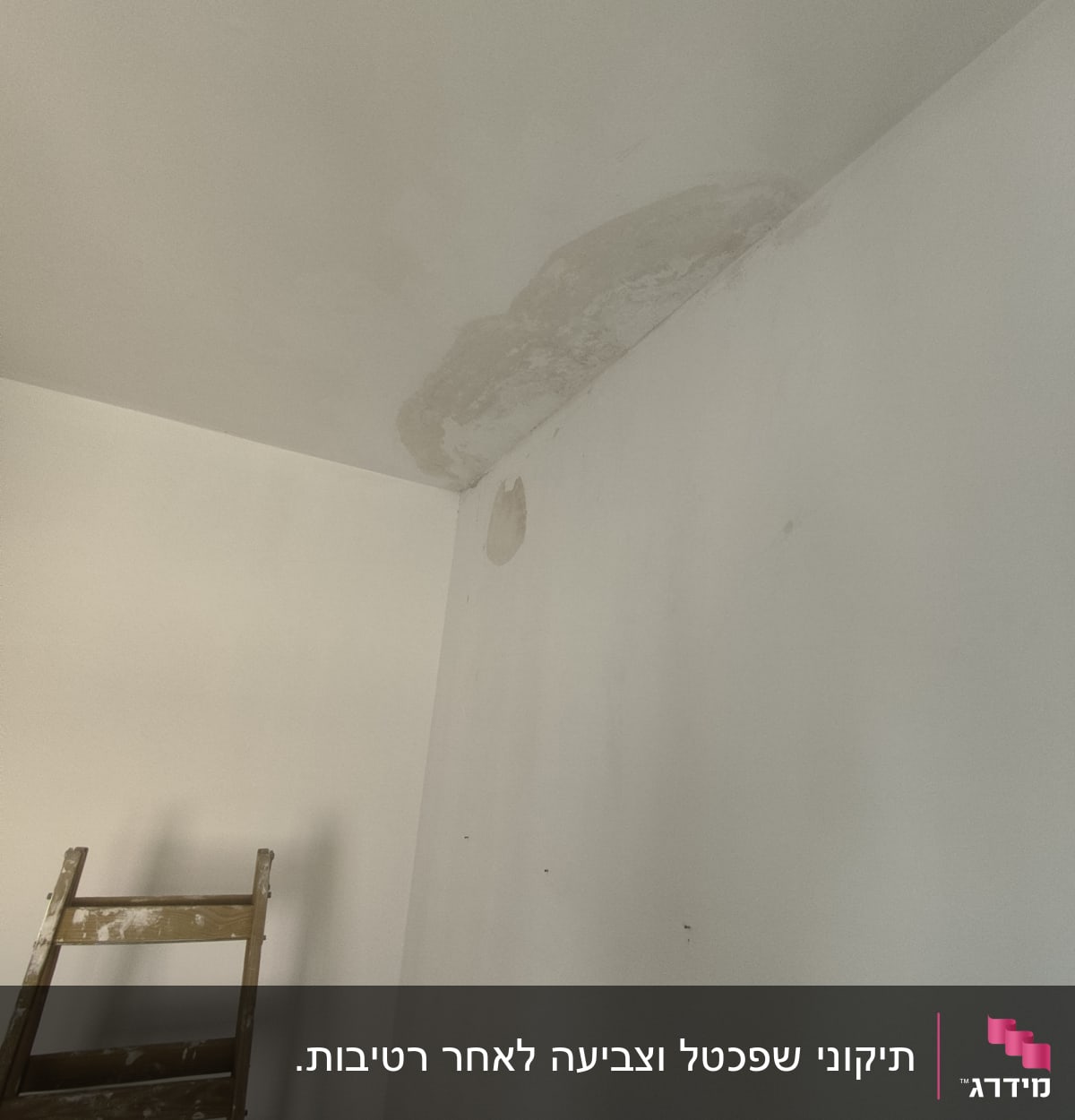 סולם עץ עם כתמי צבע ליד קיר מתקלף